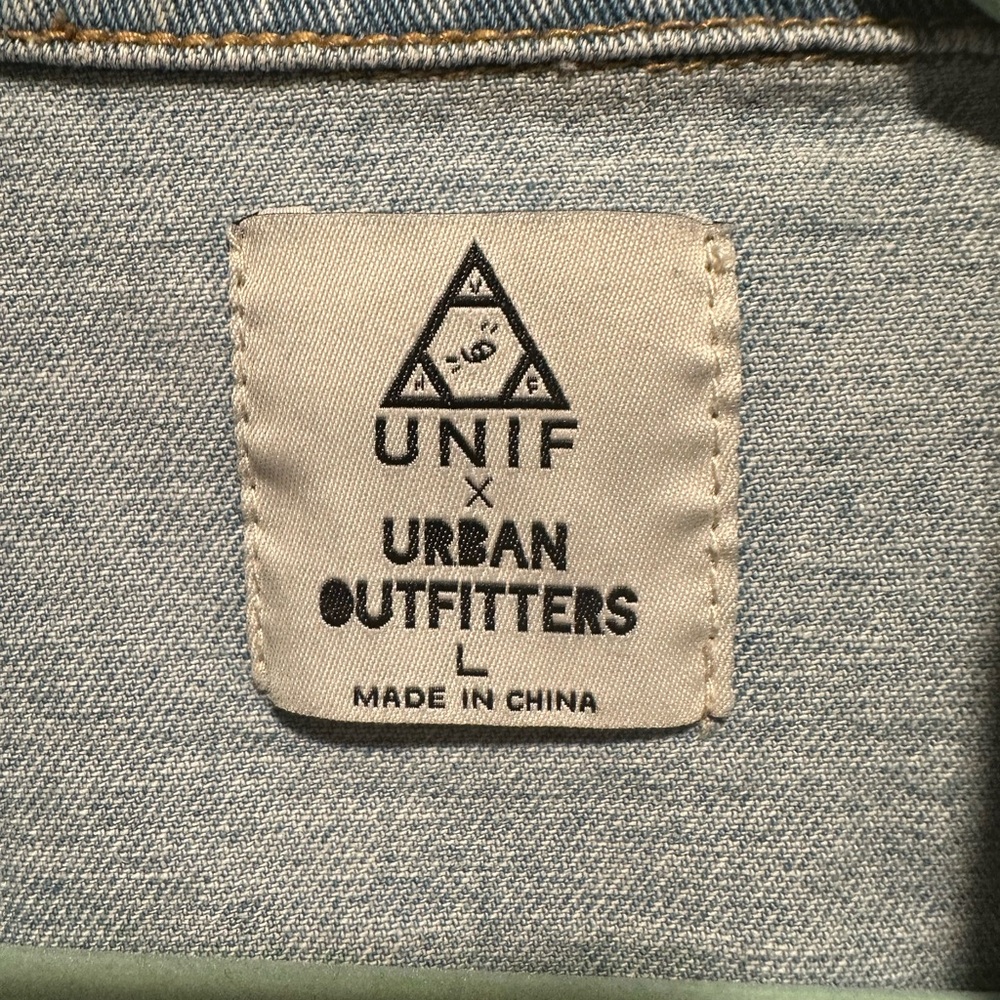 UNIF Urban Outfitters Vici Blue Denim Jacket Cream Cable Knit Sleeves Size L - Picture 9 of 13